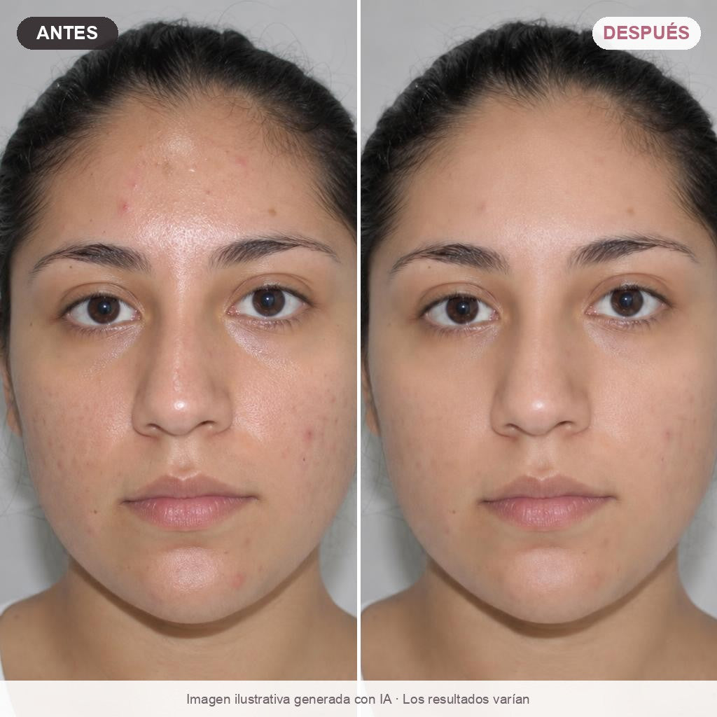 Antes y después ilustrativo del dúo sérum antiacné BIOAQUA (imagen generada con IA)