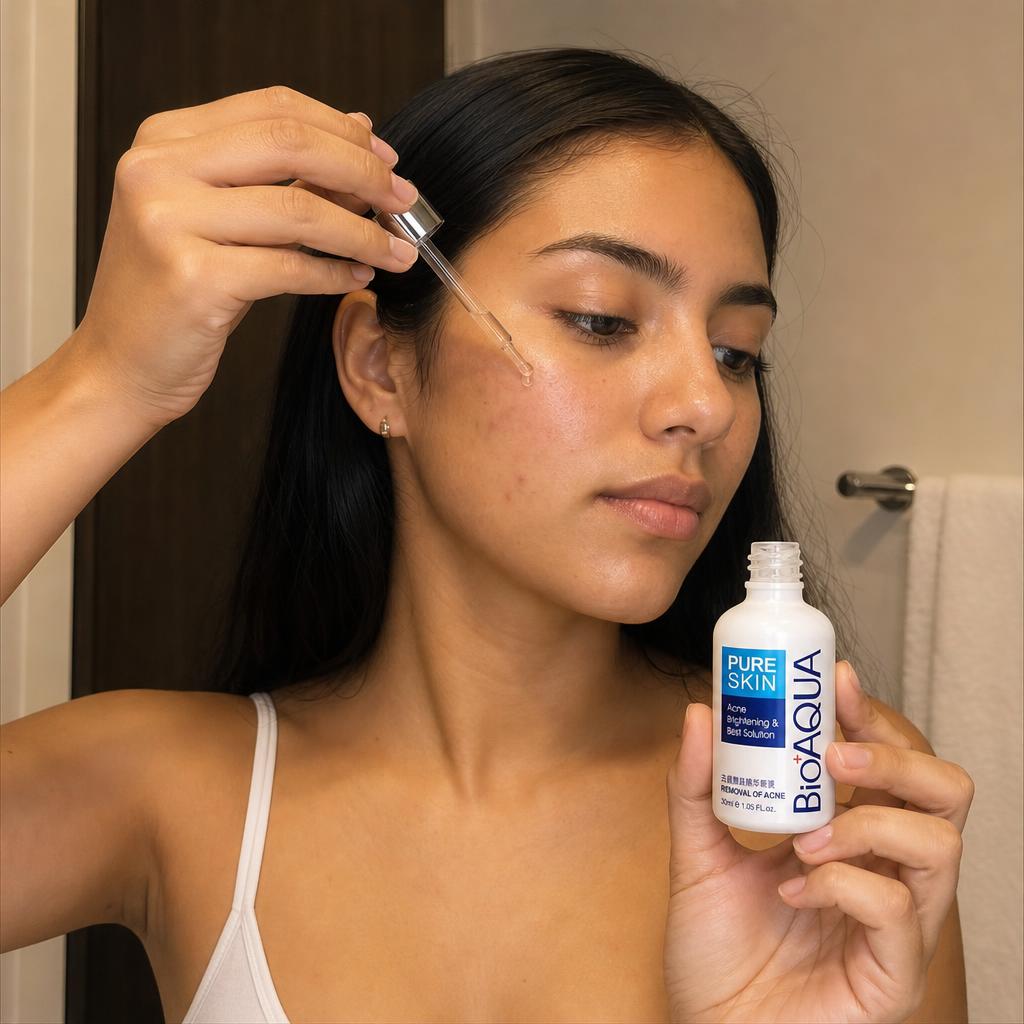 Mujer colombiana aplicando el sérum antiacné BIOAQUA con gotero