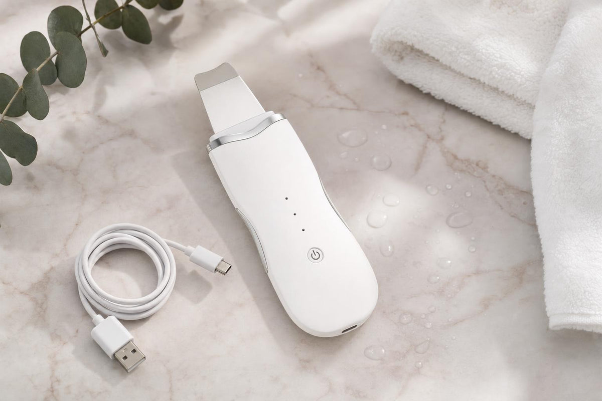 Espátula facial ultrasónica sobre mármol con cable USB