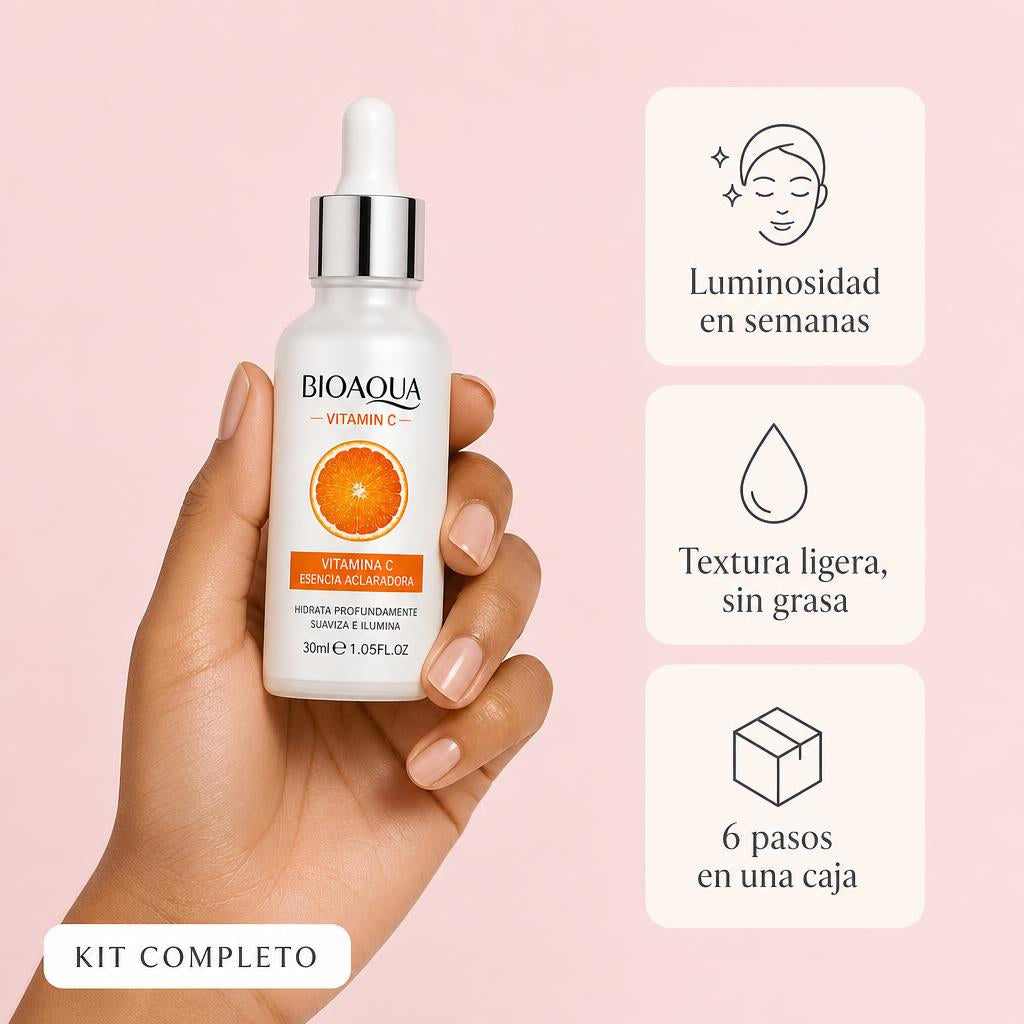 Sérum Vitamina C BIOAQUA: luminosidad, textura ligera, 6 pasos en una caja