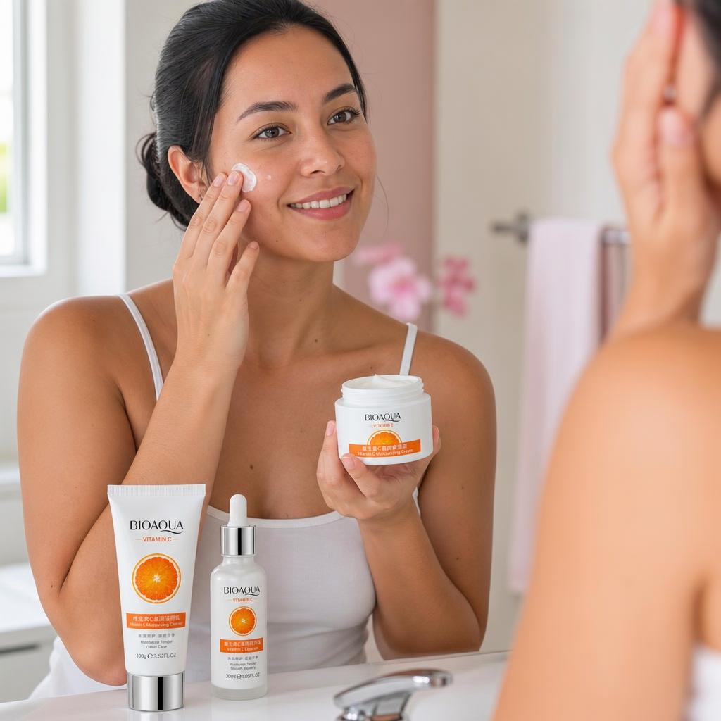 Mujer colombiana aplicando la crema Vitamina C BIOAQUA frente al espejo