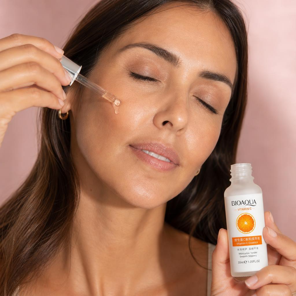 Mujer colombiana aplicando el sérum Vitamina C BIOAQUA con gotero