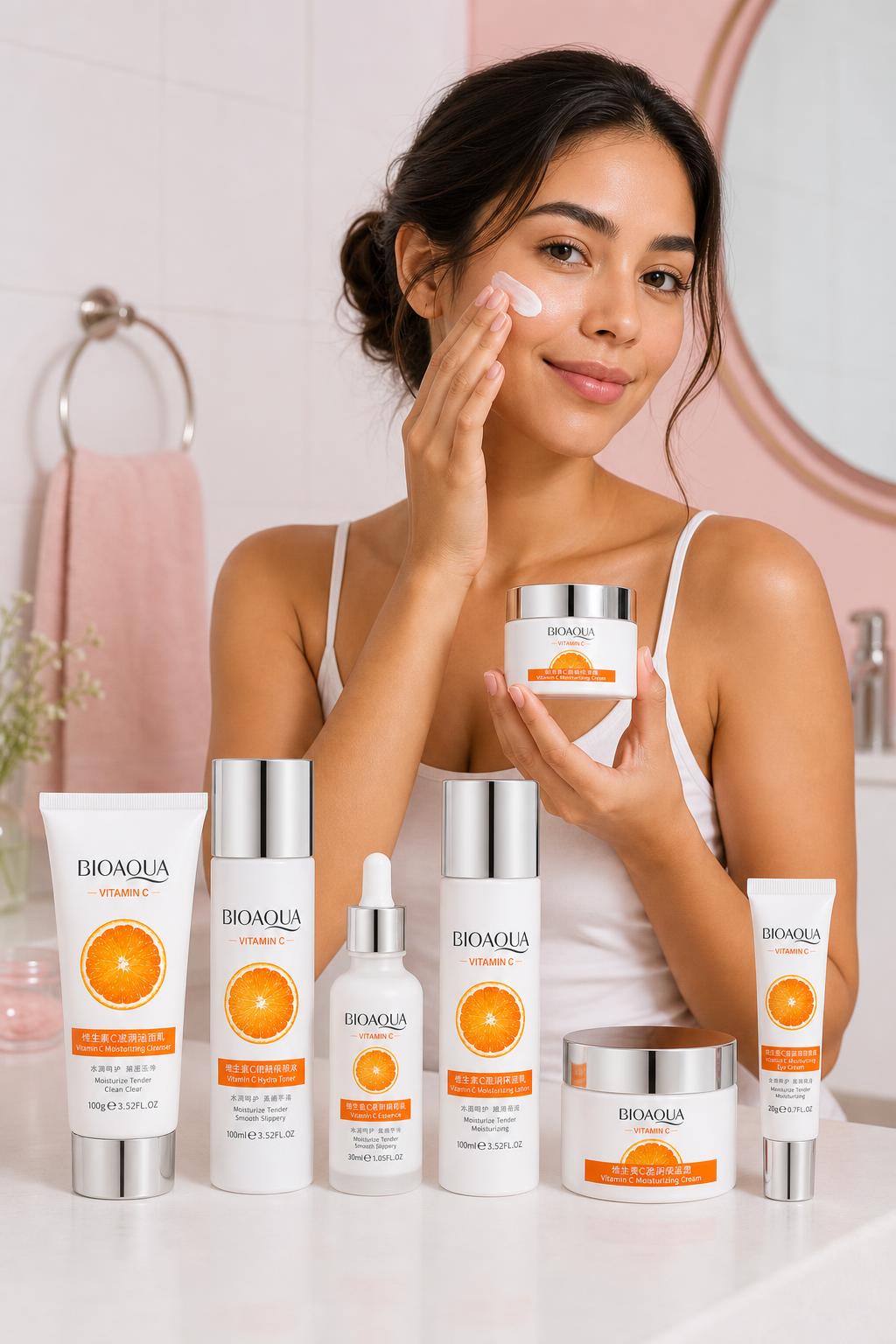 Mujer aplicando la crema del kit BIOAQUA Vitamina C